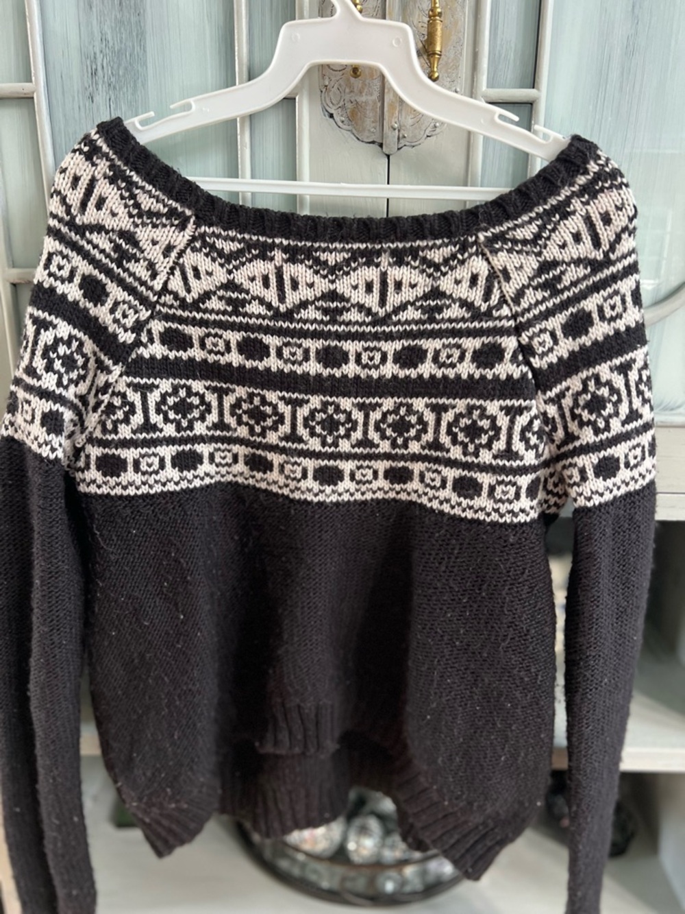 Black and Cream Off-the-Shoulder Nordic Knit Sweater - Women